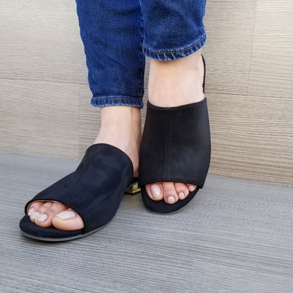 Black Vegan Suede Loafer Open Toe Sandal Pearl - Picture 5 of 8